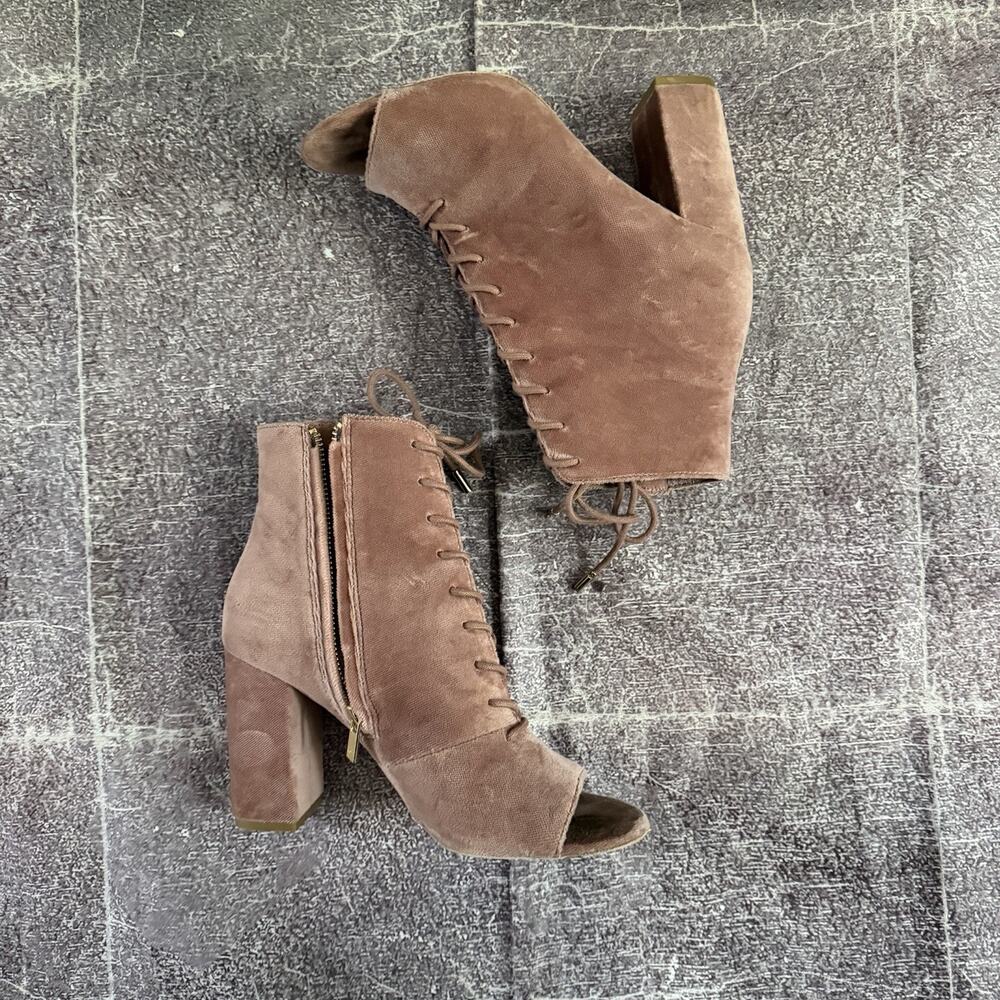 Women's Joie Rose Gold Velvet Open Toe Ankle Zip Heeled Booties Sz 38.5 (US 8)